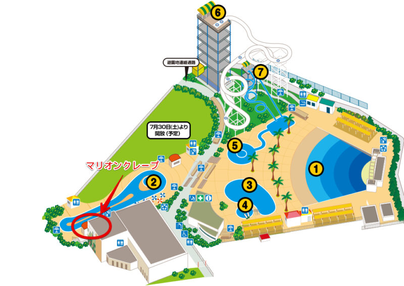 よみうりランドプールWAIの園内図：マリオンクレープの場所を表示