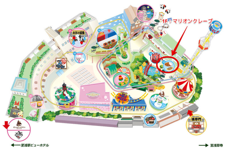 浅草花やしき園内マップ：マリオンクレープの場所を表示