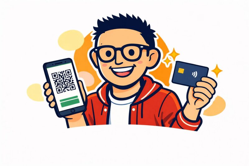 イラスト：QRコードとカードで支払い（ChatGPT生成）