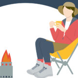 カップを持ち、焚き火を見てリラックスしている様子のイラスト