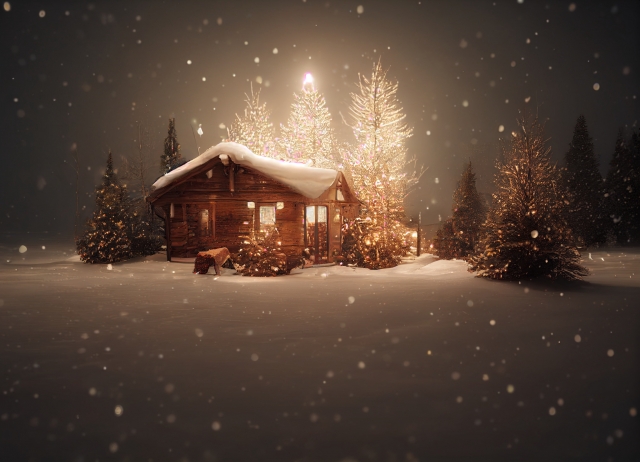 冬のログハウスの画像